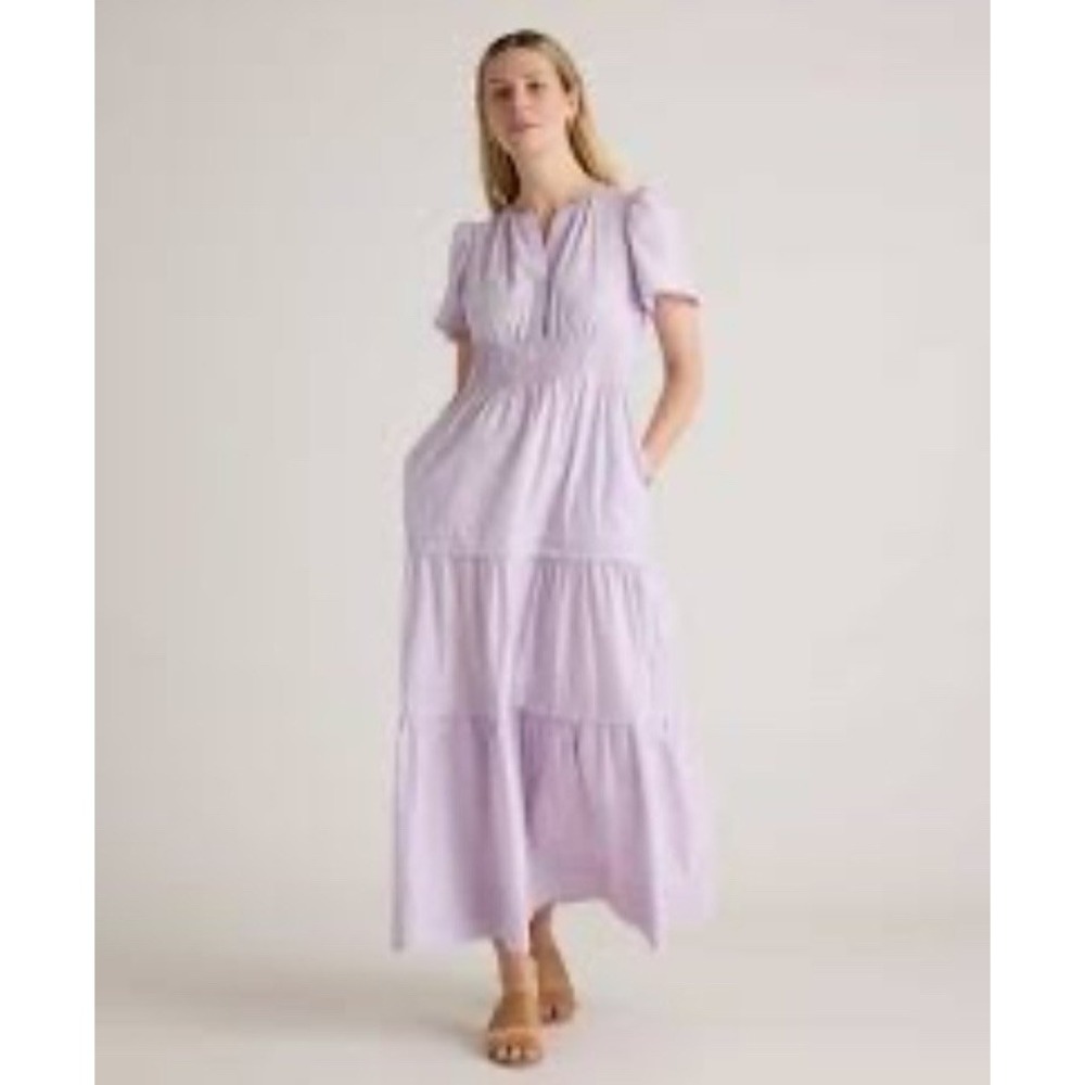 Quince Lilac 100% Organic Cotton Tiered Smocked Maxi Dress Women Small